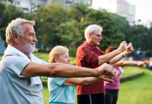 Group of seniors exercising in the park.